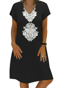 Black Summer Tribal Print V-Neck Shift Casual Dress