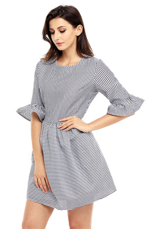 Black White Stripe Flounce Sleeve Seersucker Dress