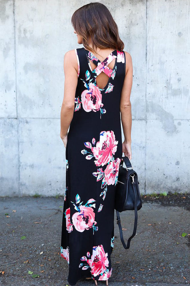 Black Floral Pocketed Holiday Maxi Boho Dress