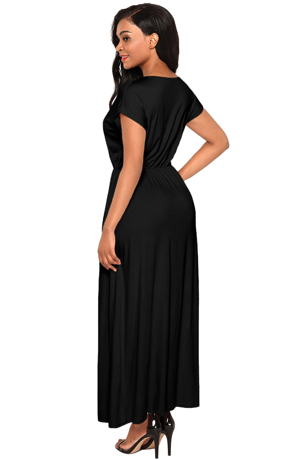 Black Crisscross V Neck Short Sleeve Maxi Jersey Dress