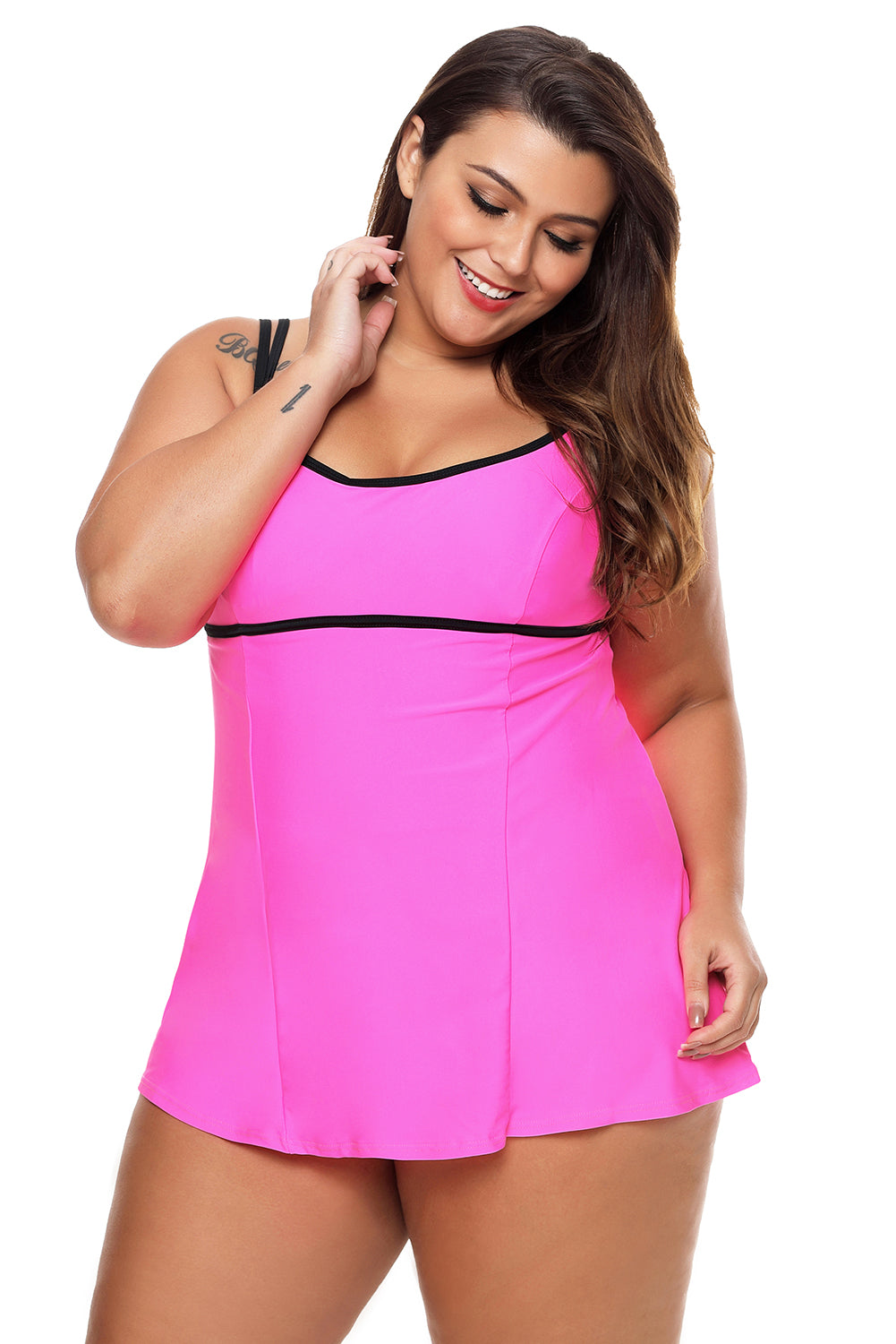 Stylish Double Shoulder Straps Rosy One-piece Swimdress