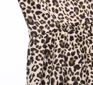 Leopard Print V Neck Button Half Sleeves Swing Dress