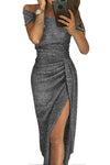 Black Off Shoulder Short Sleeve Metallic Slit Party Dress