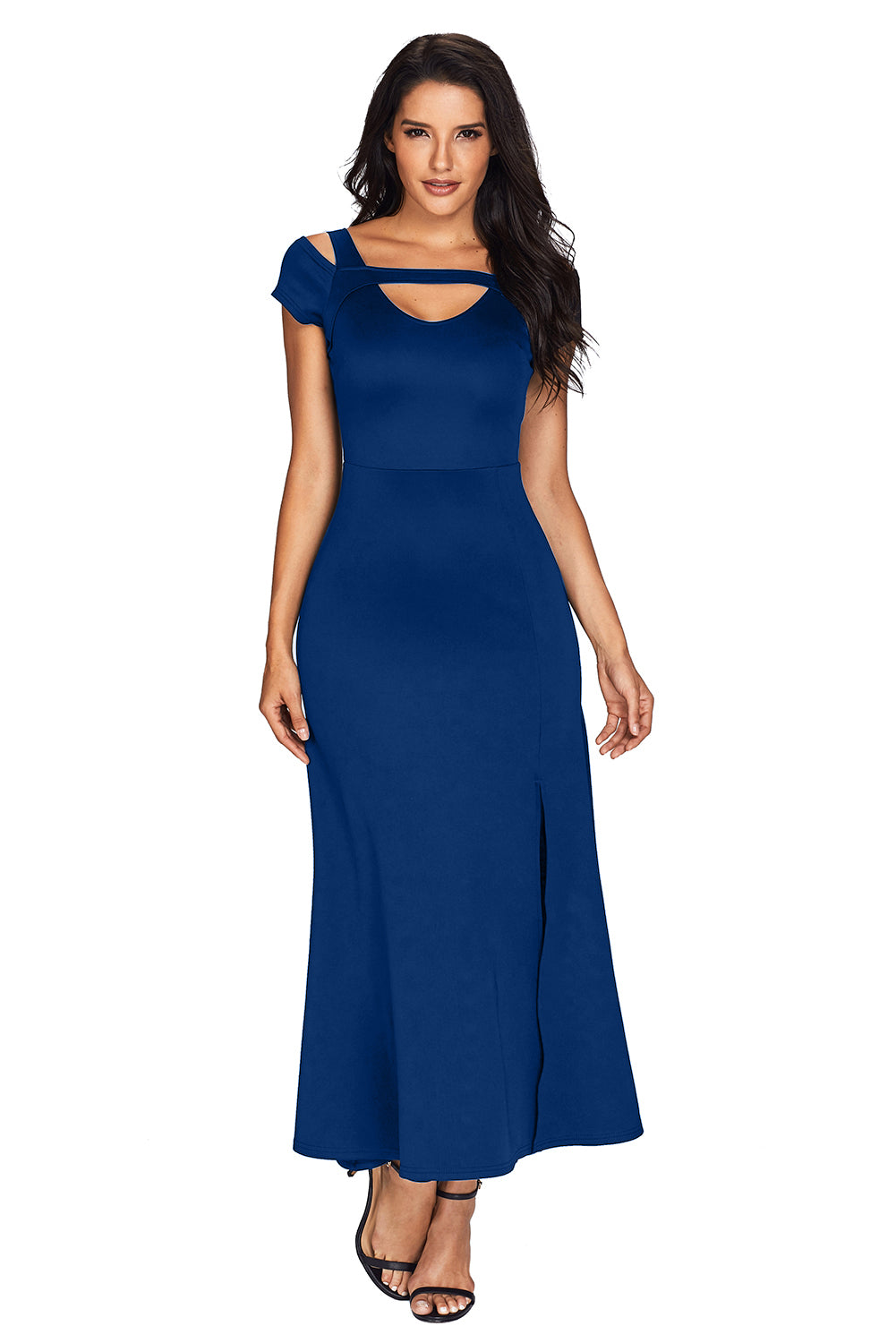 Blue Cold Shoulder Front Slit Flare Maxi Dress