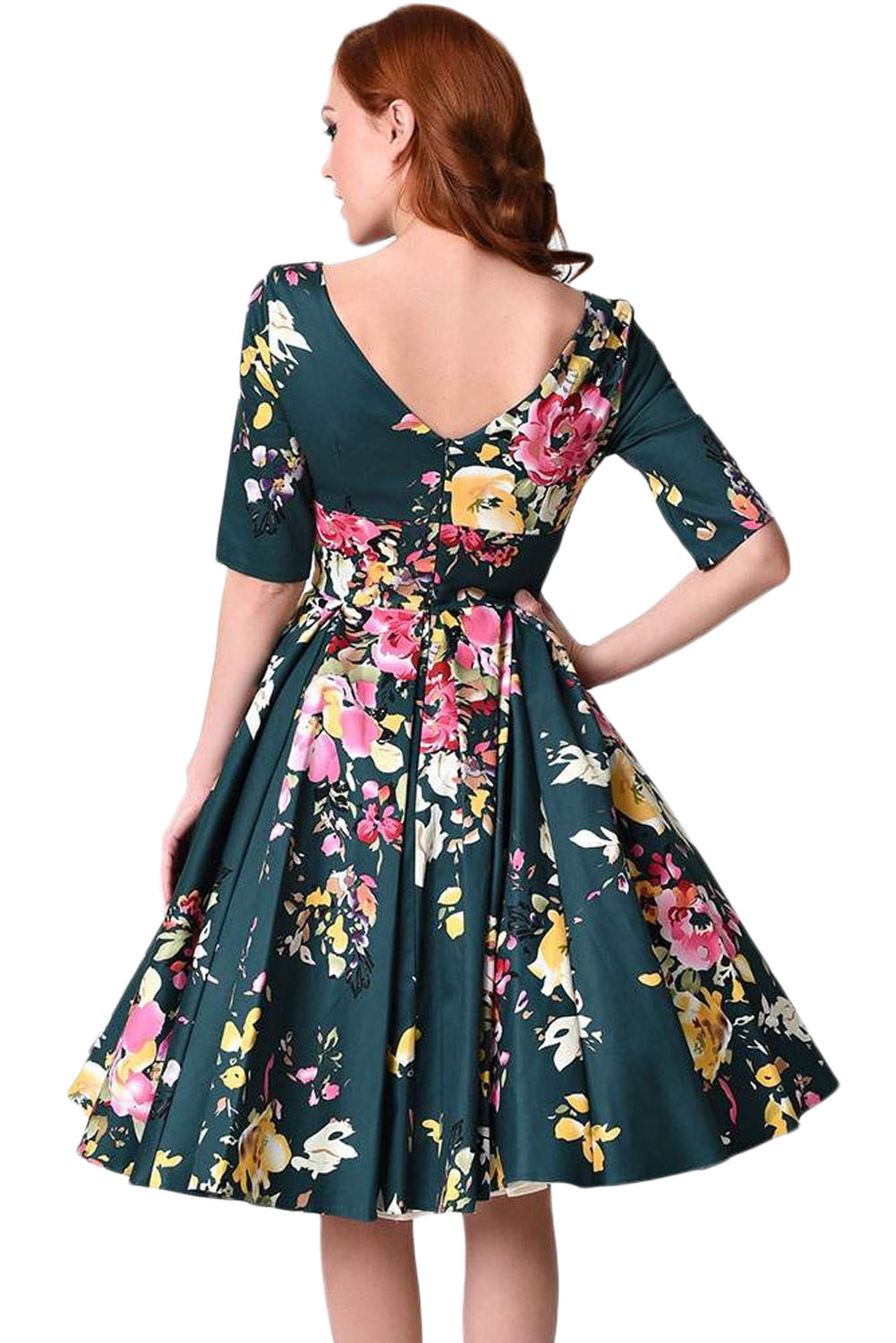 Jasper Vintage Style Floral Half Sleeve Swing Dress