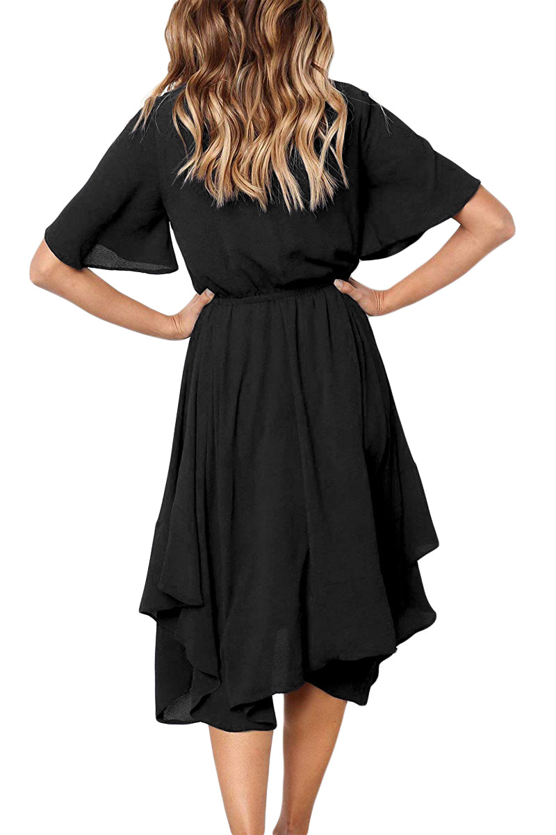 Black Chiffon Irregular Hem Short Sleeve Pleated Dress