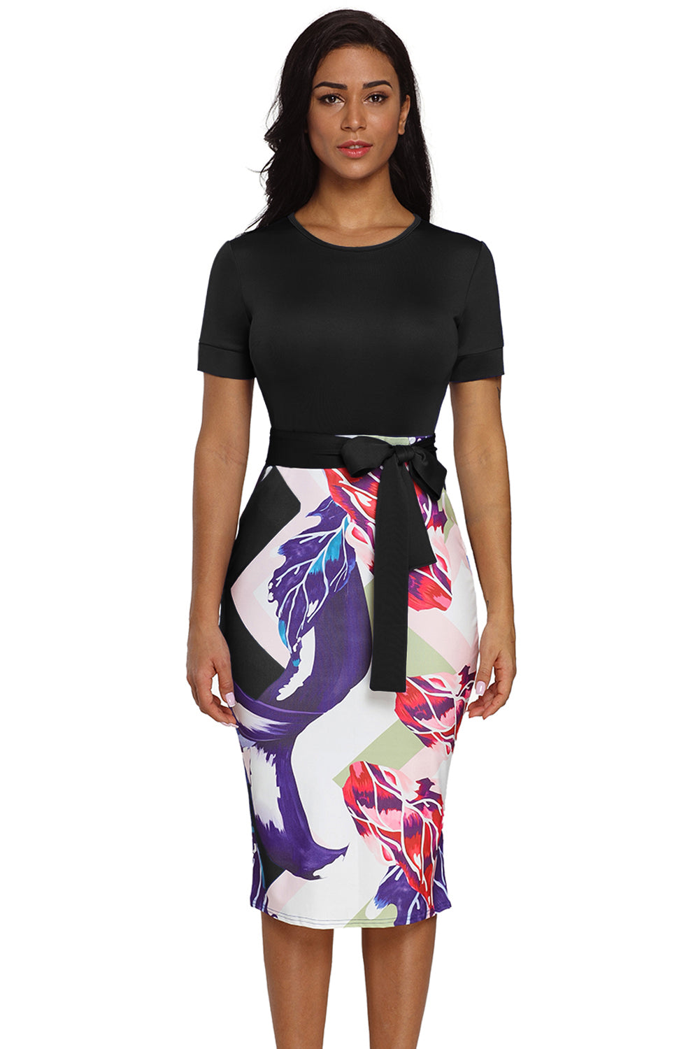 Black Bowknot Short Sleeve Printed Sheath Dress