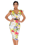 Yellow Bodycon Midi Dress with Floral Print