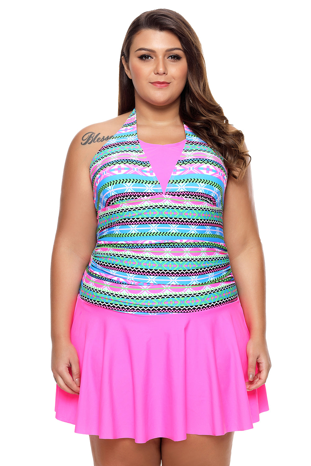 Aztec Print Rosy Halterneck One Piece Swimdress