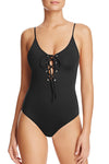 Black Grommet Lace Up One-piece Swimsuit