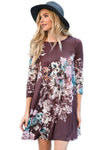 Plum Purple Floral Long Sleeve A-Line Tunic Dress