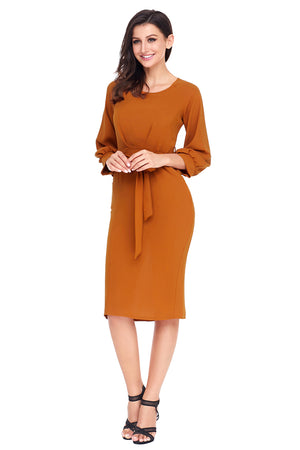 Mustard Puff Sleeve Belt Chiffon Pencil Dress