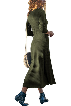 Army Green Button Front Long Sleeve Ribbed Midi Dress