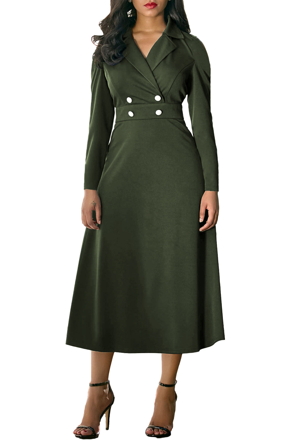 Army Green Vintage Button Collared Fit-and-flare Dress