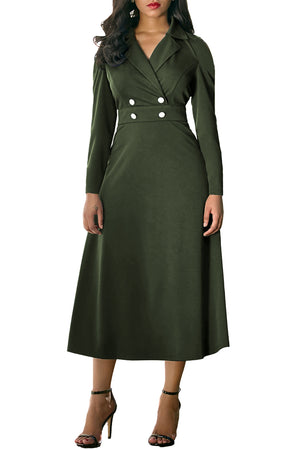 Army Green Vintage Button Collared Fit-and-flare Dress