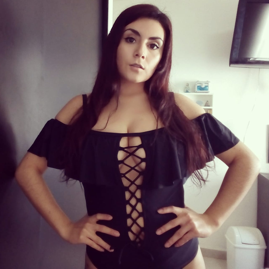 Black Ruffle Off-The-Shoulder One Piece Swimsuit