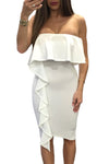 White Asymmetric Ruffle Trim Strapless Bodycon Dress