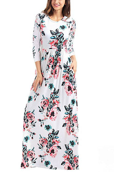 Classic Floral Print White 3/4 Sleeve Maxi Dress