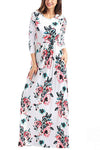 Classic Floral Print White 3/4 Sleeve Maxi Dress