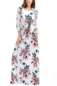 Classic Floral Print White 3/4 Sleeve Maxi Dress