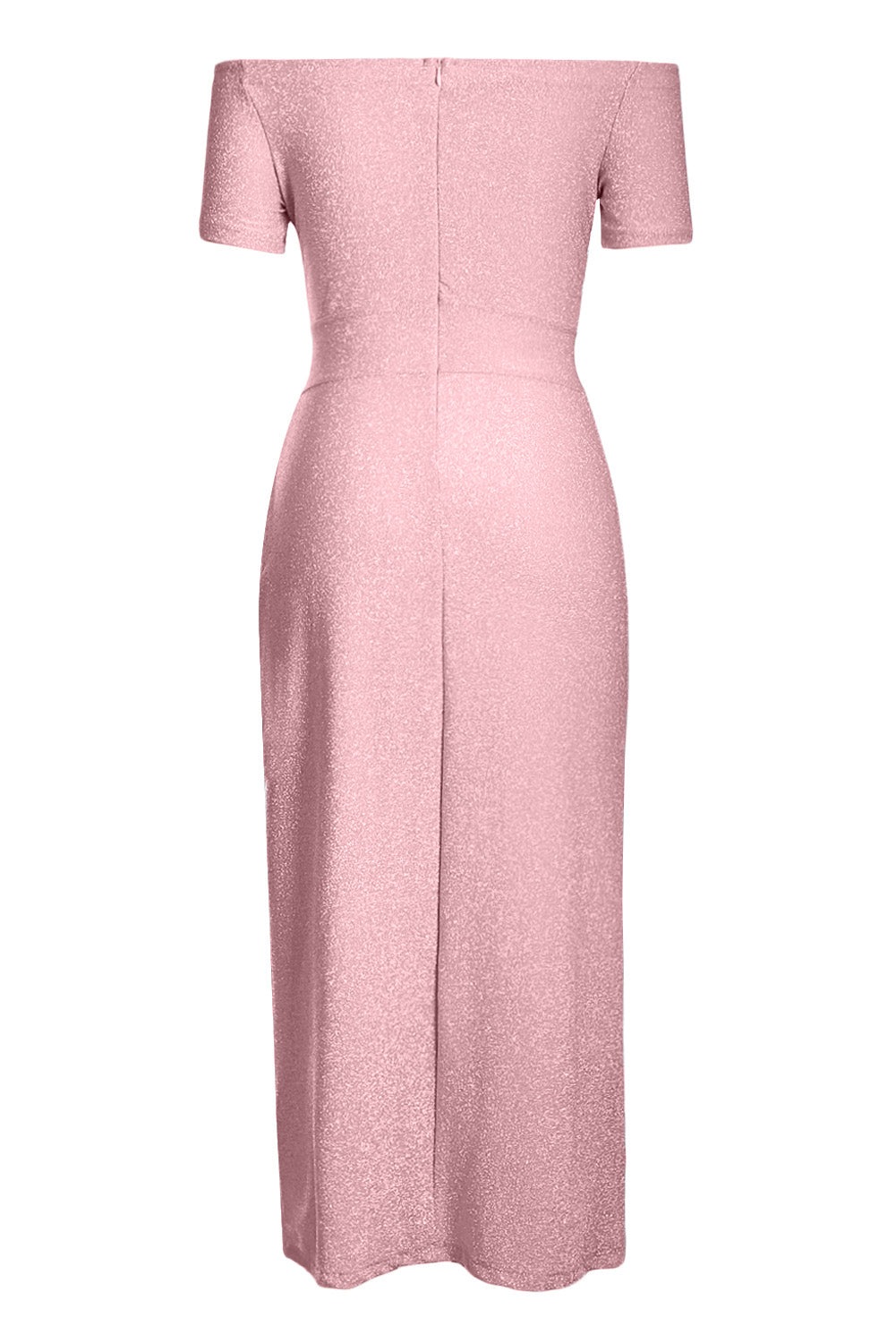Pink Off Shoulder Short Sleeve Metallic Slit Party Dress