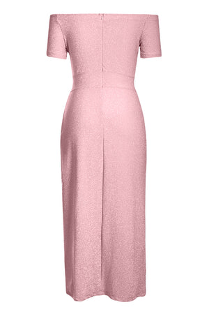 Pink Off Shoulder Short Sleeve Metallic Slit Party Dress