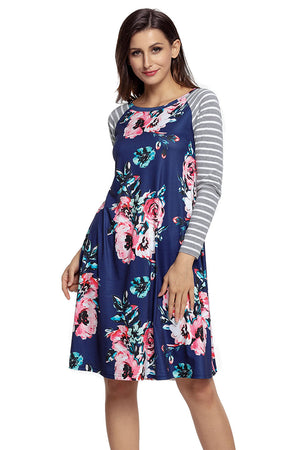 Dark Blue Floral Print Stripe Raglan Sleeve Dress
