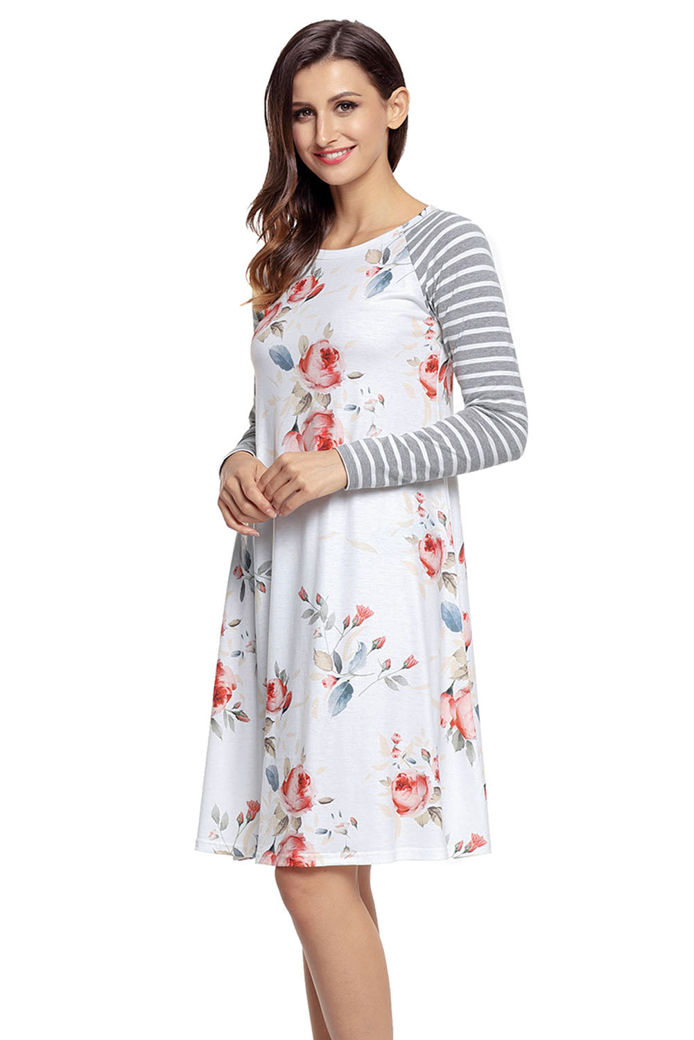 White Floral Print Stripe Raglan Sleeve Dress