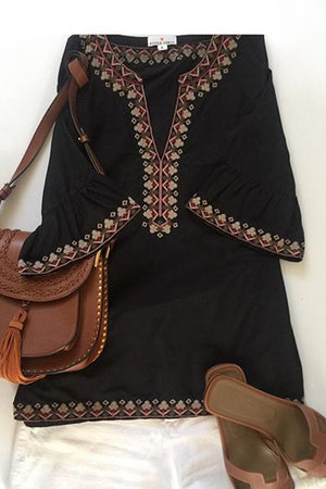 Black Summer Boho Embroidered V Neck Short Sleeve Casual Mini Dress