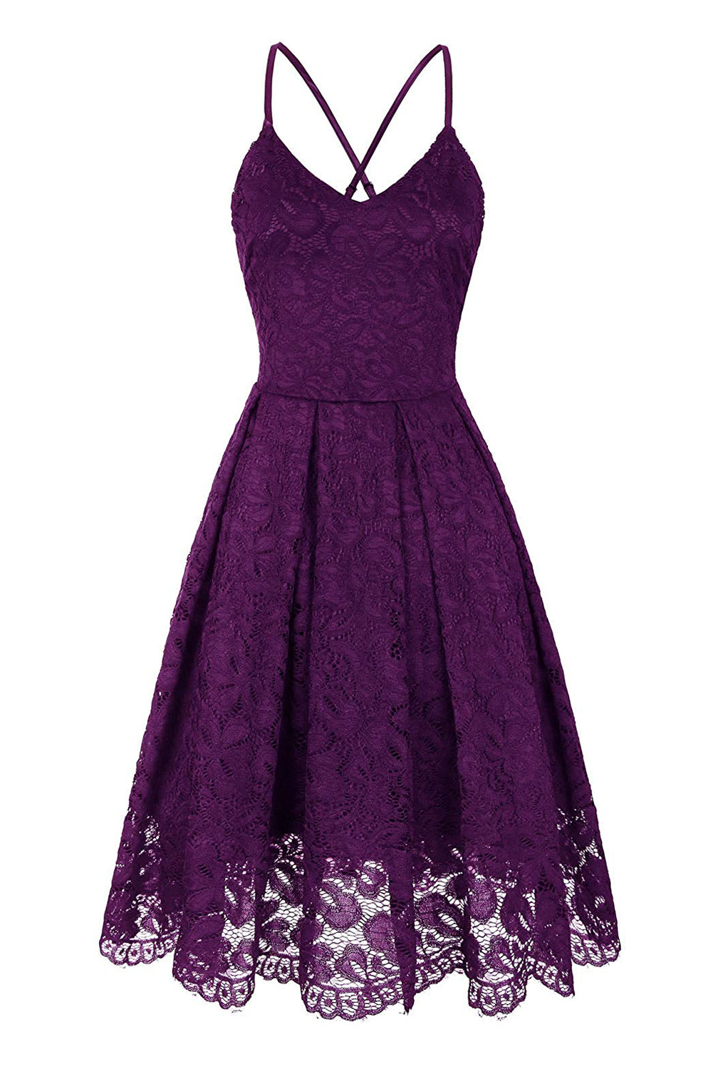 Purple Lace Floral V Neck Backless Cocktail A-Line Dress