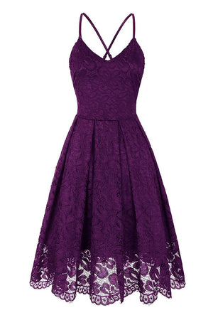 Purple Lace Floral V Neck Backless Cocktail A-Line Dress