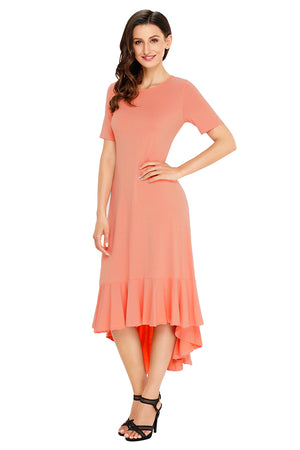 Coral Flowy Ruffles Short Sleeve Casual Dress