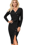 Black Elegant Vintage Split Belted Bodycon Office Dress