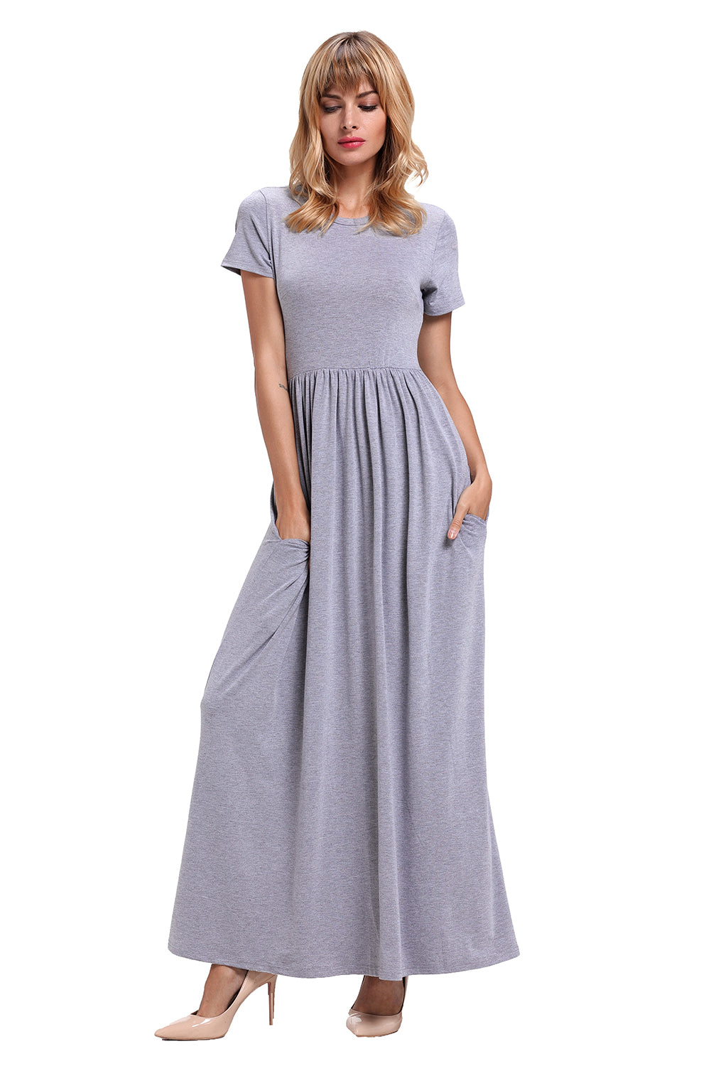 Gray Short Sleeve Ruched Waist Maxi Dress
