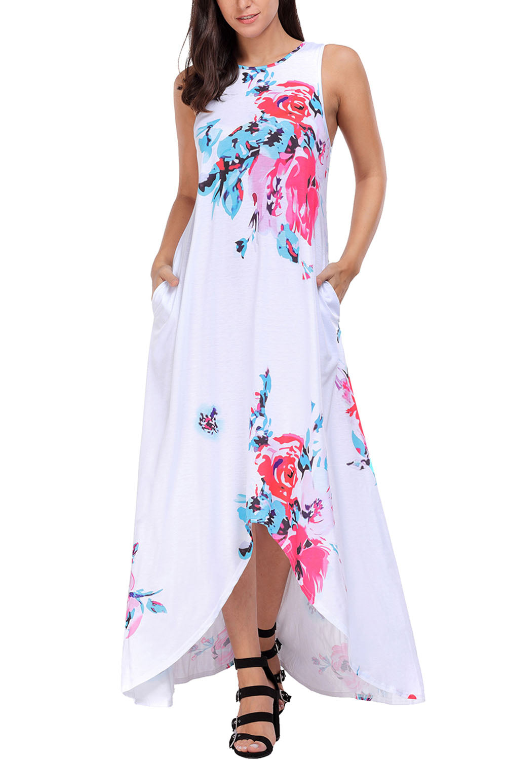 White Floral Pocketed Holiday Maxi Boho Dress