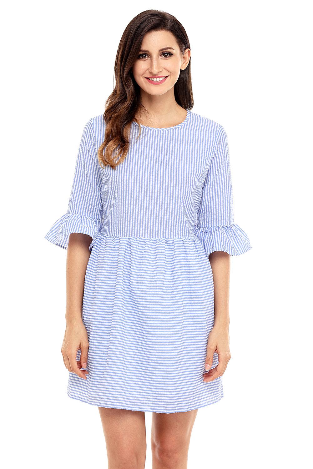 Navy White Stripe Flounce Sleeve Seersucker Dress
