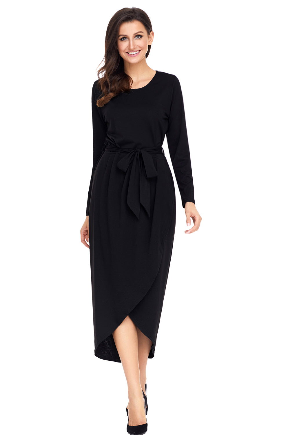 Black Tulip Faux Wrap Sash Tie Jersey Dress