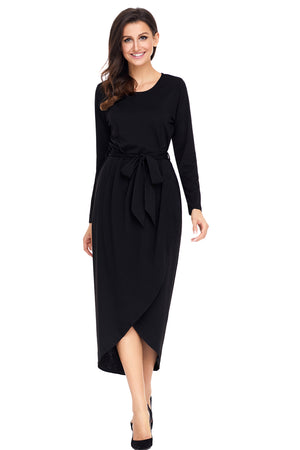 Black Tulip Faux Wrap Sash Tie Jersey Dress