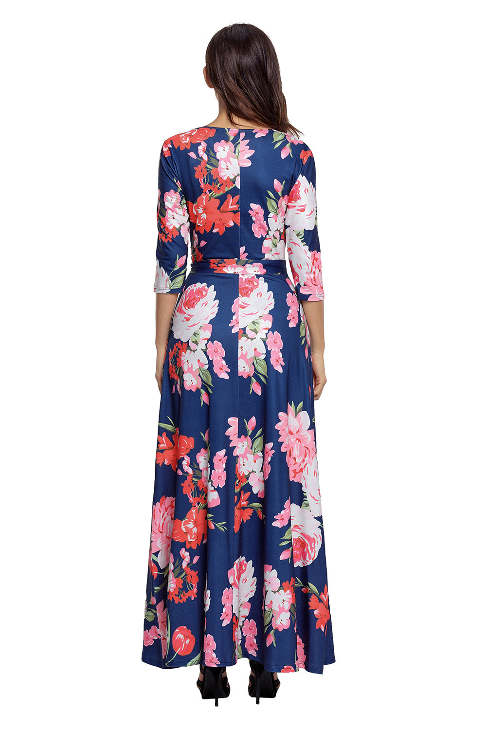 Navy Floral Print Wrapped Long Boho Dress