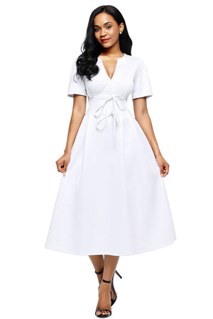 White Split Neck Short Sleeve Midi Dress with Bowknots
