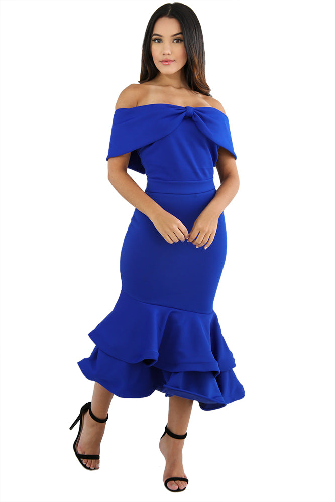 Royal Blue Bow Cape Off Shoulder Mermaid Bodycon Poncho Dress