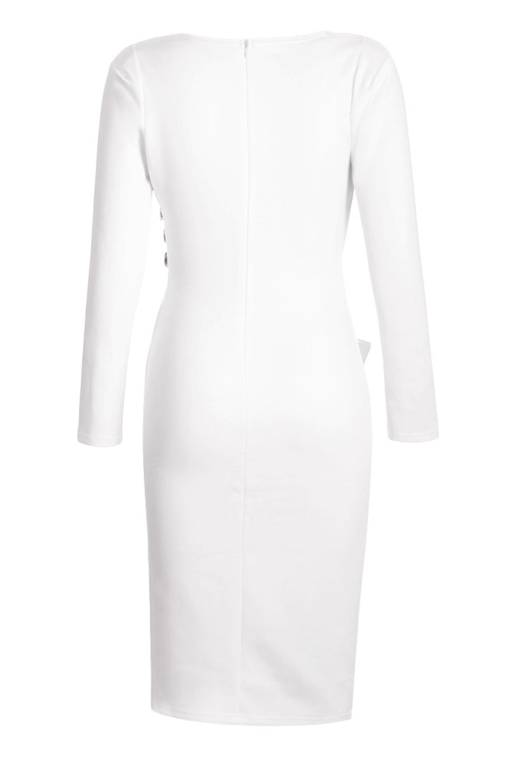 Asymmetric Button Detail White Ruched Midi Dress