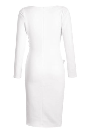 Asymmetric Button Detail White Ruched Midi Dress