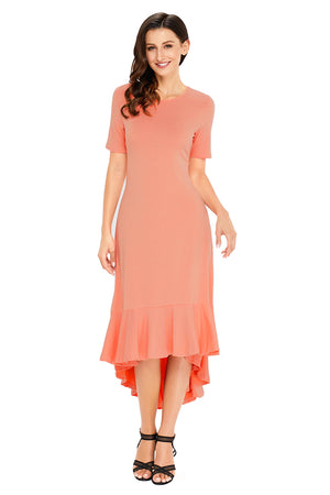Coral Flowy Ruffles Short Sleeve Casual Dress