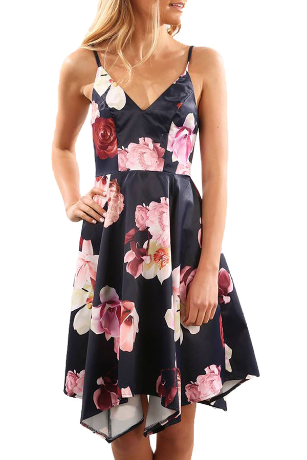 Black Floral Print Asymmetric Hem Sway Dress
