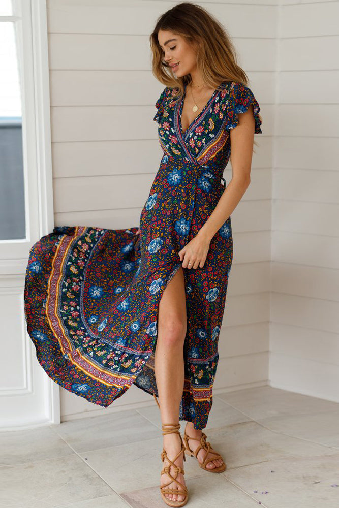 Multicolor V-Neck Beach Resort Printed Dress