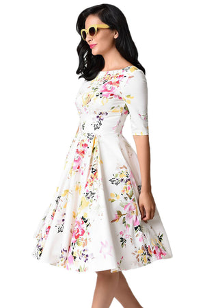 White Vintage Style Floral Half Sleeve Swing Dress