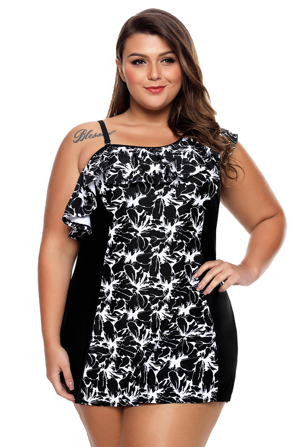 Monochrome Panel Accent 1pc Swim Dress with Shorts
