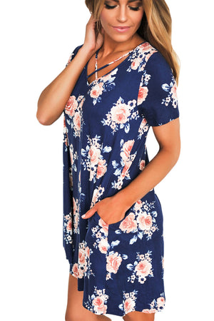 Blue Cross Strap Neck Summer Floral Dress