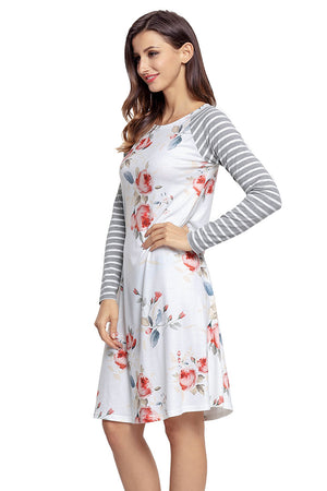 White Floral Print Stripe Raglan Sleeve Dress
